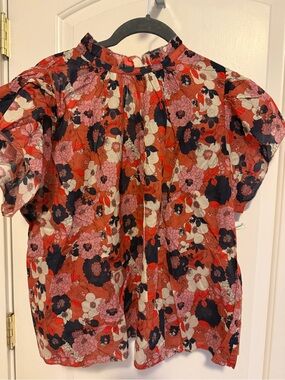Trovata (Carla) High-Neck Coral, Navy and Pink Floral Short-Sleeve Blouse